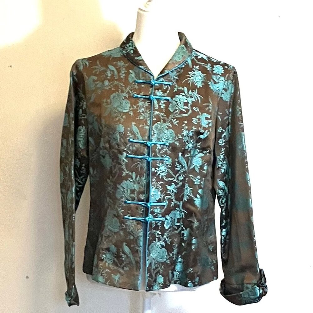Asian Jacket with Frog Closure, Fully Lined, Brown/Aqua, Size Medium